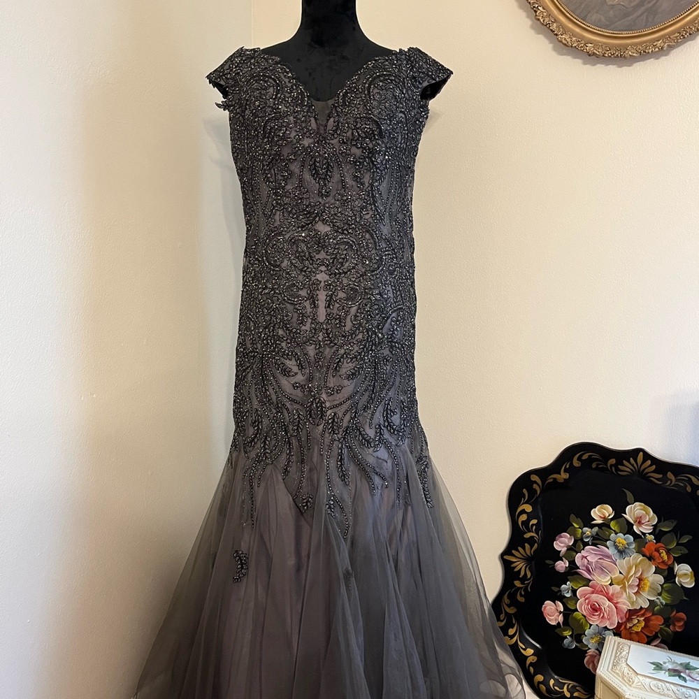 Elegant Gray Beaded Evening Gown